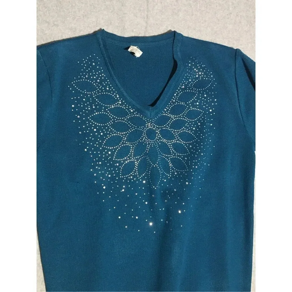 Womens Vintage Bedazzled Sweater Size Medium New Years Eve Party Teal Blue - Picture 2 of 4